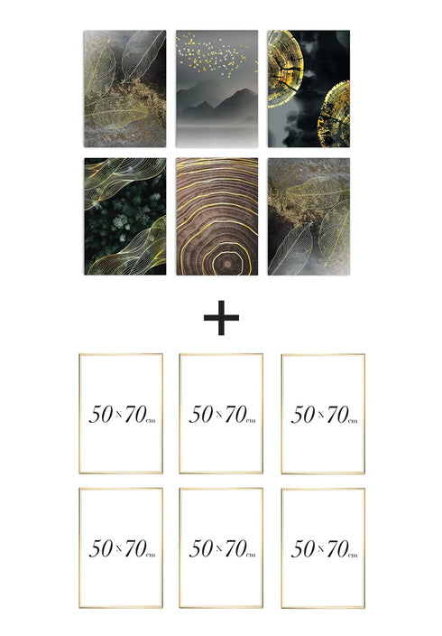 Set Of 6 Posters Moody Leaves Real Gold + 6 Gold Metallic Frames 50x70cm