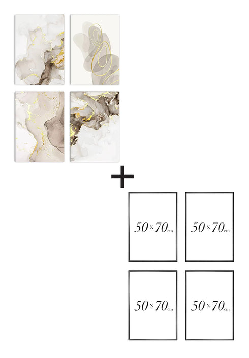 Set Of 4 Posters Beige Brown Paint Real Gold + 4 Metallic Black Frames 50x70cm