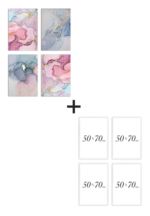 Set Of 4 Posters Watercolor Pink Pastel Real Gold + 4 Metallic White Frames 50x70cm