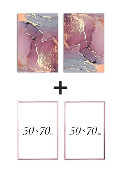 Set Of 2 Posters Watercolor Rose Real Rose Gold + 2 Rose Gold Metallic Frames 50x70cm