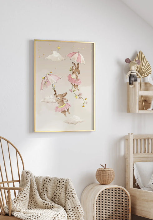 Poster Flying Bunnies Real Gold + Gold Metallic Frame 50x70cm