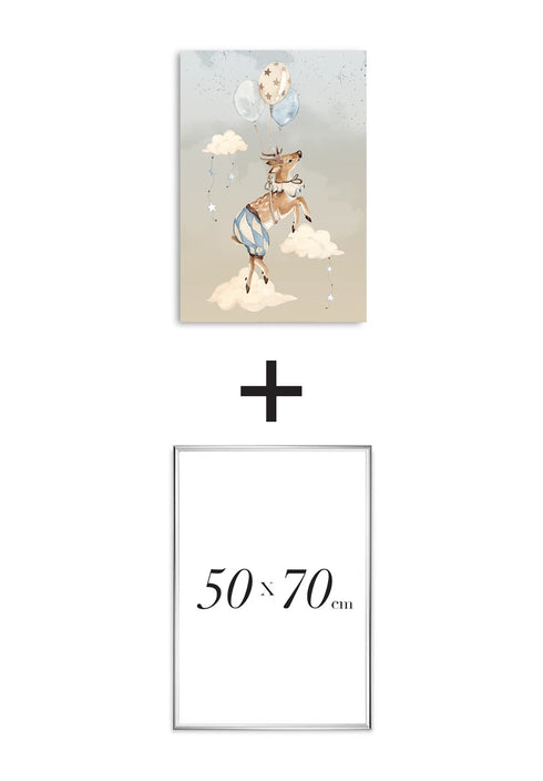 Poster Flying Deer Real Silver + Silver Metallic Frame 50x70cm