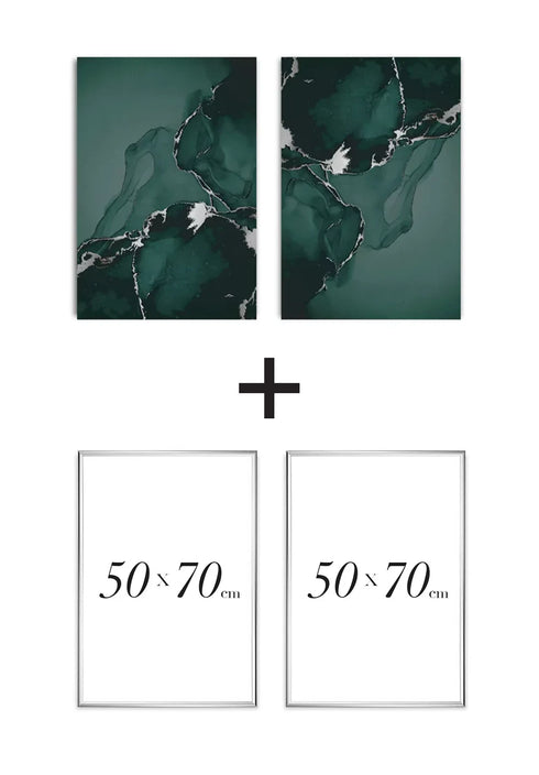 Set Of 2 Posters Green Marble Real Silver + 2 Silver Metallic Frames 50x70cm