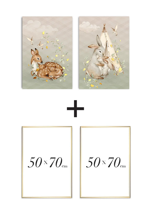 Set Of 2 Posters Forest Deer Real Gold + 2 Gold Metallic Frames 50x70cm