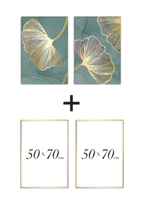 Set Of 2 Posters Mint Ginko Real Gold + 2 Gold Metallic Frames 50x70cm