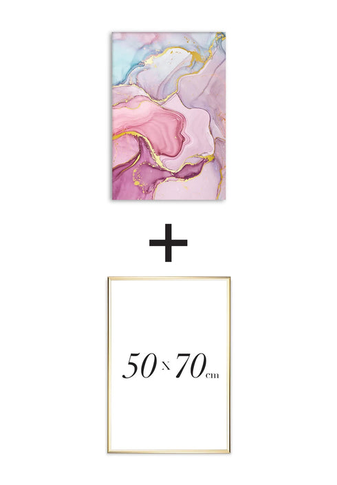 Poster Watercolor Pink Pastel Real Gold + Gold Metallic Frame 50x70cm