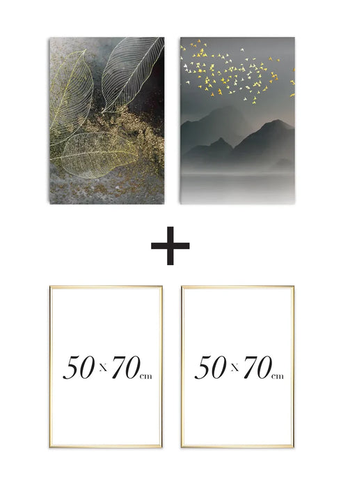 Set Of 2 Posters Moody Leaves Real Gold + 2 Gold Metallic Frames 50x70cm