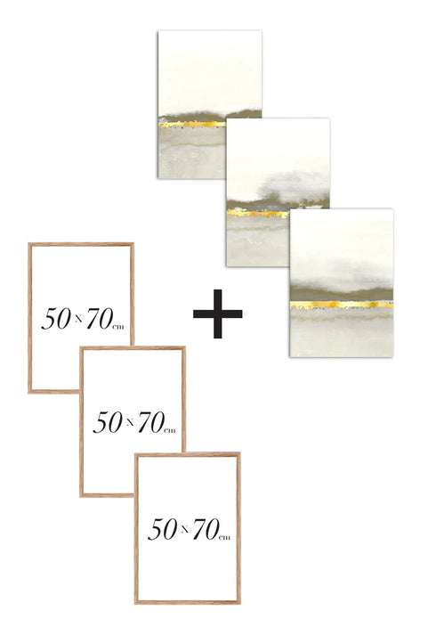 Set Of 3 Posters Creme Abstract Line Real Gold + 3 Natural Oak Frames 50x70cm