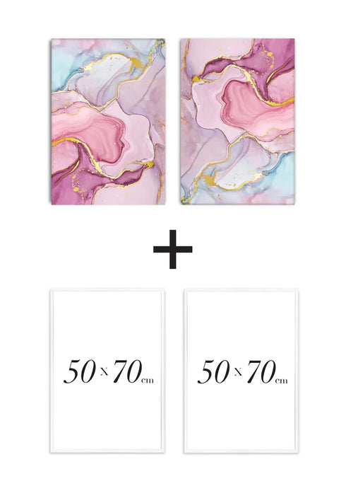 Set Of 2 Posters Watercolor Pink Pastel Real Gold + 2 White Metallic Frames 50x70cm