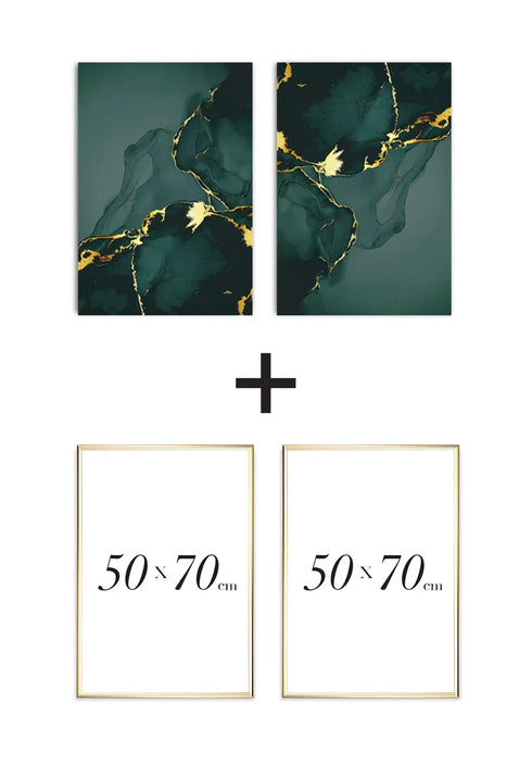 Set Of 2 Posters Green Marble Real Gold + Gold Metallic Frames 50x70cm