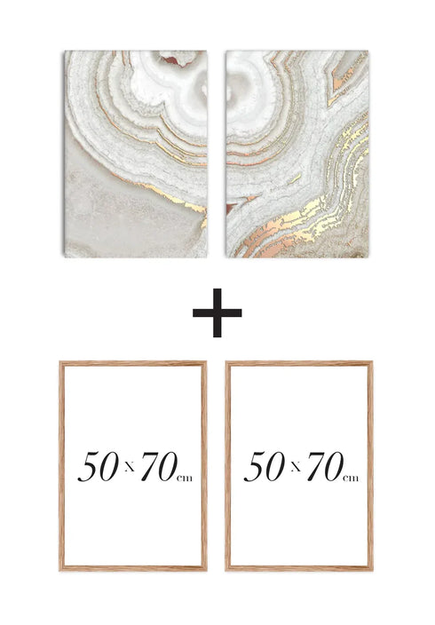 Set Of 2 Posters Brown Agate Real Rose Gold + Natural Oak Frames 50x70cm
