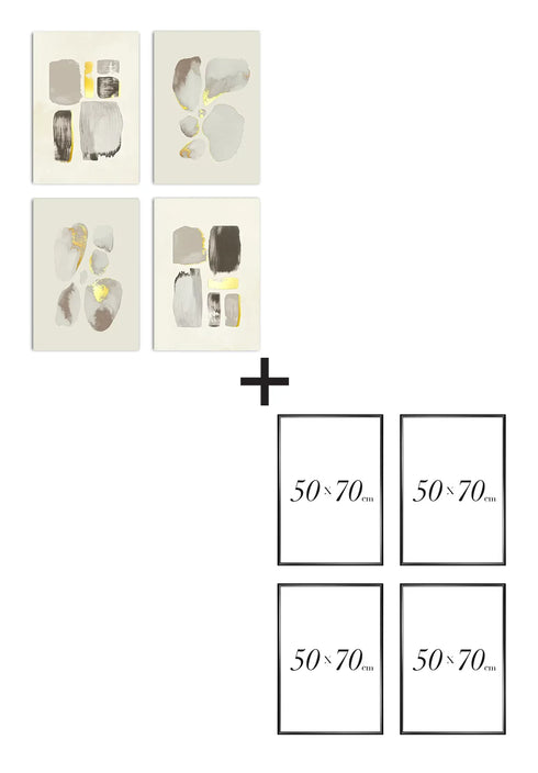 Set Of 4 Posters Creme Brush Strokes Real Gold + 4 Metallic Black Frames 50x70cm