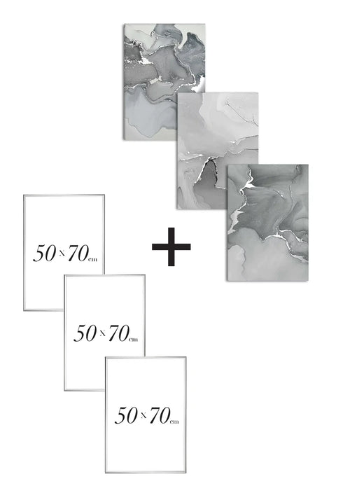 Set Of 3 Posters Dusty Blue Real Silver + 3 Silver Metallic Frames 50x70cm