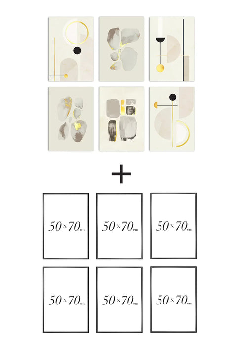Set Of 6 Posters Creme Geometric Art Real Gold + 6 Black Metallic Frames 50x70cm