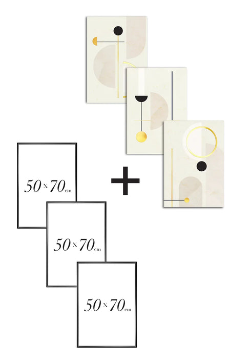 Set Of 3 Posters Creme Geometric Art Real Gold + 3 Black Metallic Frames 50x70cm