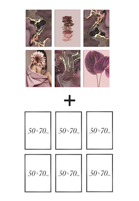 Set Of 6 Posters Ruby Mineral Real Rose Gold + 6 Metallic Black Frames 50x70cm