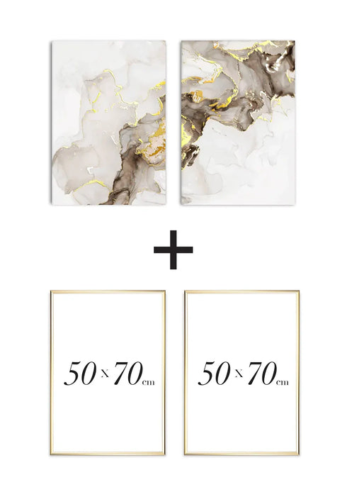 Set Of 2 Posters Beige Brown Paint Real Gold + 2 Gold Metallic Frames 50x70cm