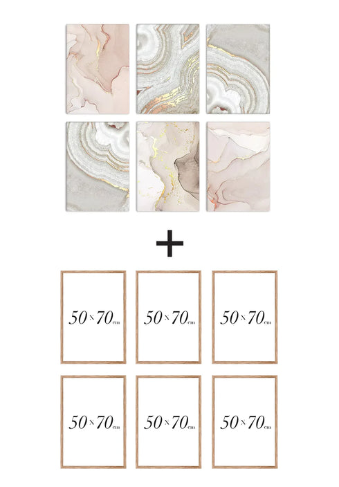 Set Of 6 Posters Light Coral + 6 Natural Oak Frames 50x70cm