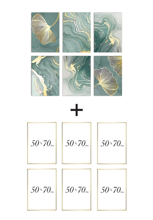 Set Of 6 Posters Mint Agate Real Gold + 6 Gold Metallic Frames 50x70cm
