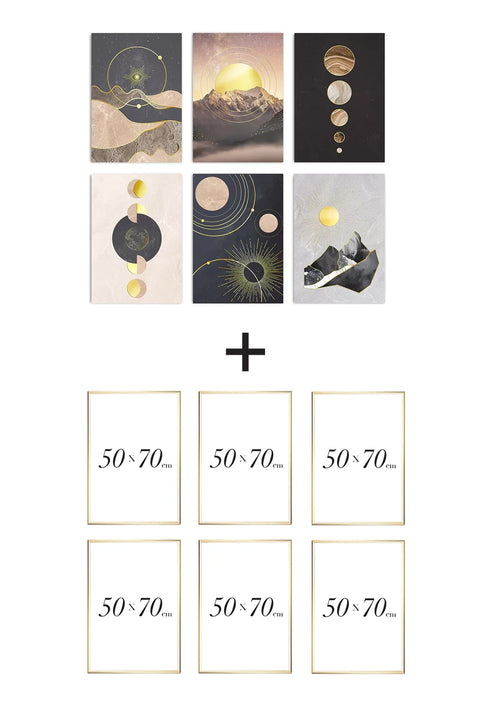 Set Of 6 Posters Space Abstract Real Gold + 6 Gold Metallic Frames 50x70cm