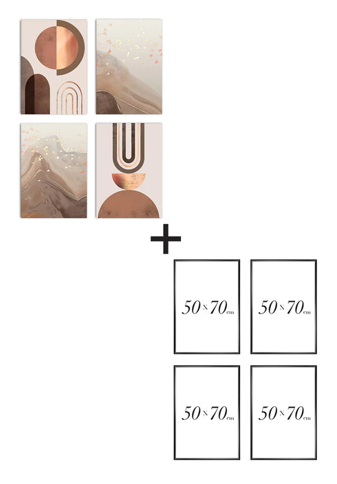Set Of 4 Posters Caramel Nougat Real Rose Gold + 4 Metallic Black Frames 50x70cm
