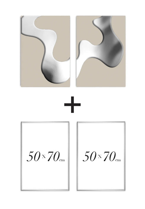Set Of 2 Posters Taupe Swirl Silver + 2 Silver Metallic Frames 50x70cm
