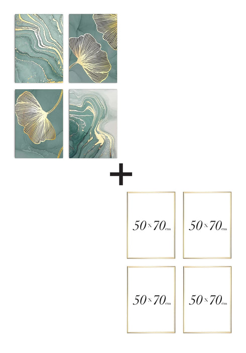 Set Of 4 Posters Mint Marble Real Gold + 4 Gold Metallic Frames 50x70cm