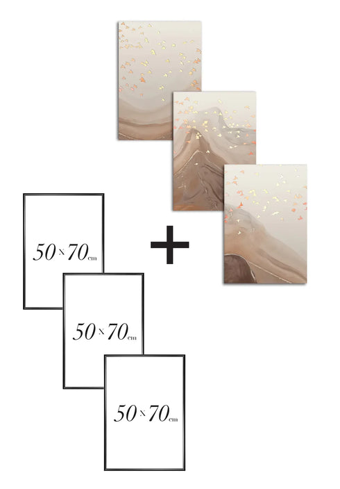 Set Of 3 Posters Caramel Birds Real Rose Gold + 3 Black Metallic Frames 50x70cm