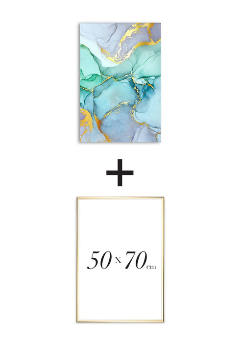 Poster Watercolor Blue Real Gold + Gold Metallic Frame 50x70cm