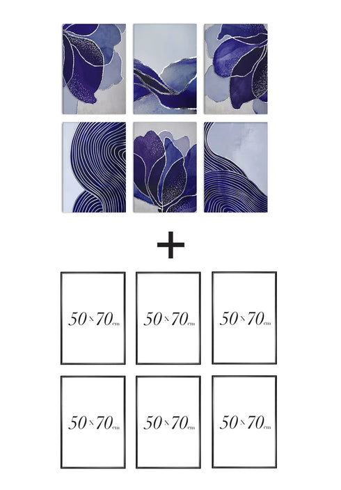 Set Of 6 Posters Navy Lotus Real Silver + 6 Metallic Black Frames 50x70cm