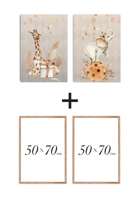 Set Of 2 Posters Boho Giraffe Real Rose Gold + 2 Natural Oak Frames 50x70cm
