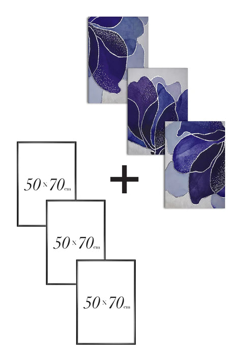 Set Of 3 Posters Navy Lotus Real Silver + 3 Black Metallic Frames 50x70cm