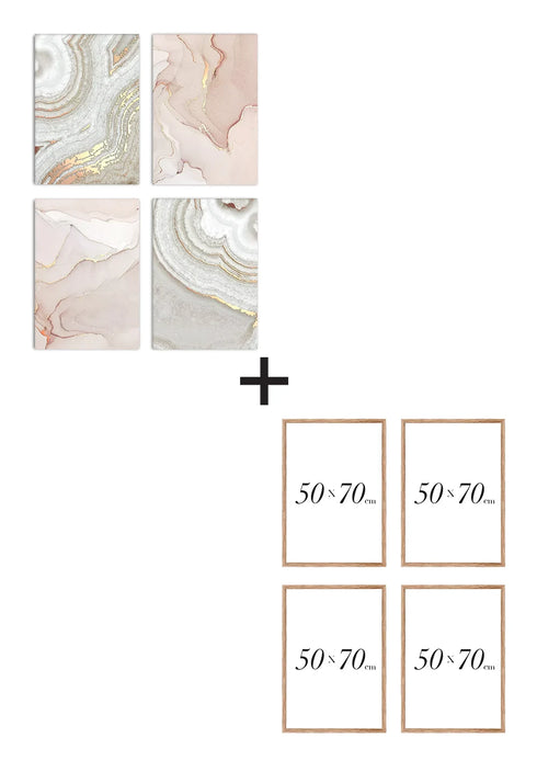 Set Of 4 Posters Brown Agate Real Rose Gold + 4 Natural Oak Frames 50x70cm