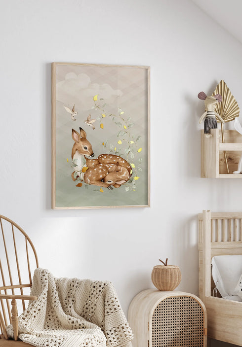 Poster Forest Deer Real Gold + Natural Oak Frame 50x70cm