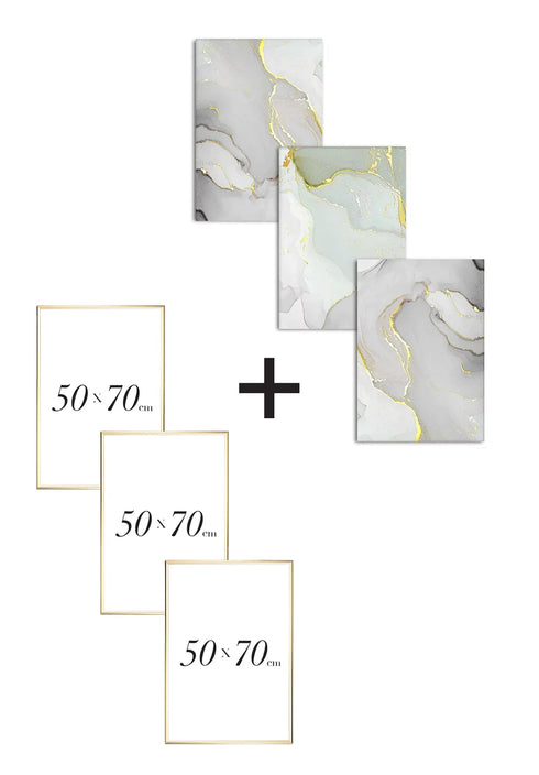 Set Of 3 Posters Grey Pistachio Real Gold + 3 Gold Metallic Frames 50x70cm