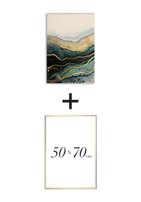 Poster Turquoise Paint Stroke Left Real Gold + Gold Metallic Frame 50x70cm