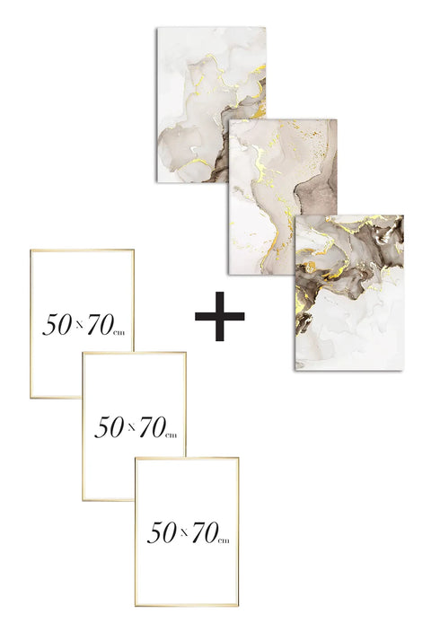 Set Of 3 Posters Beige Brown Paint Real Gold + 3 Gold Metallic Frames 50x70cm