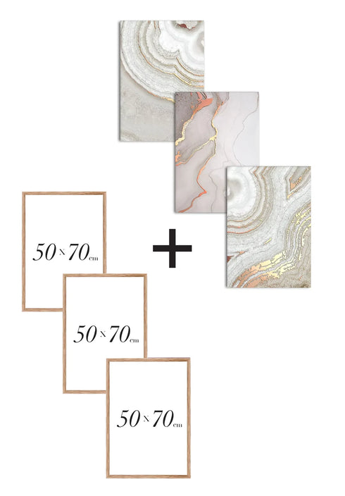 Set Of 3 Posters Brown Agate Real Rose Gold + 3 Natural Oak Frames 50x70cm
