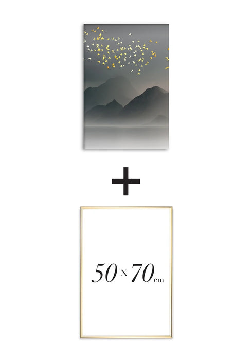 Poster Mountain Birds Real Gold + Gold Metallic Frame 50x70cm