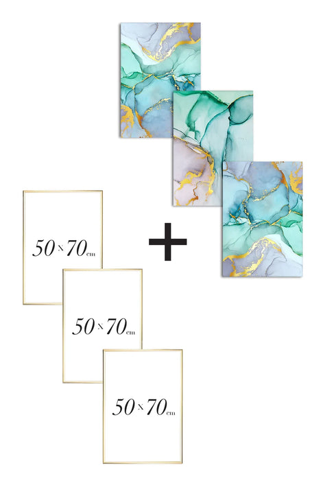 Set Of 3 Posters Watercolor Blue Real Gold + 3 Gold Metallic Frames 50x70cm