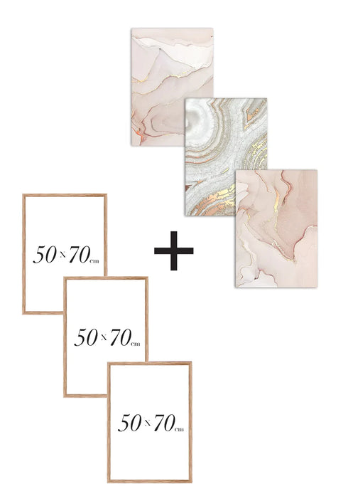 Set Of 3 Posters Light Coral Real Rose Gold + 3 Natural Oak Frames 50x70cm