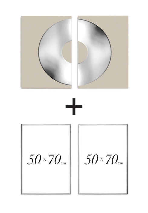 Set Of 2 Posters Taupe Donout Silver + 2 Silver Metallic Frames 50x70cm