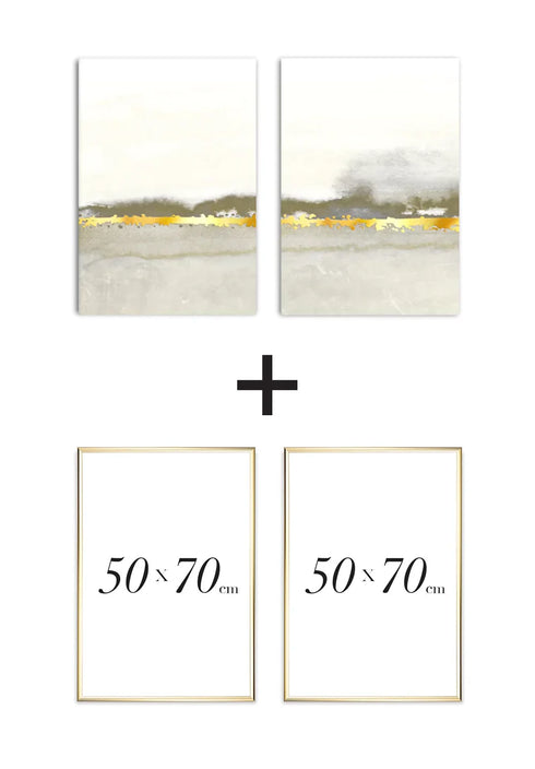 Set Of 2 Posters Creme Abstract Line Real Gold + 2 Gold Metallic Frames 50x70cm