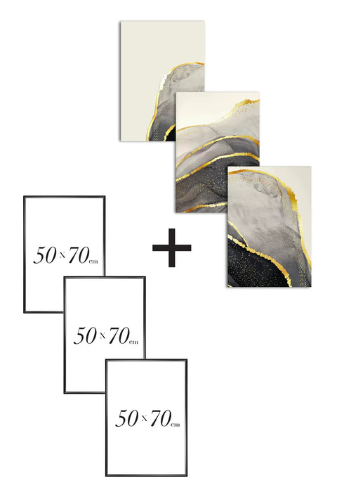 Set Of 3 Posters Black Agate Real Gold + 3 Black Metallic Frames 50x70cm