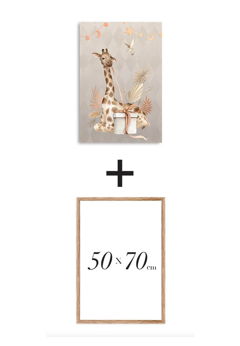 Poster Boho Giraffe Real Rose Gold + Natural Oak Frame 50x70cm