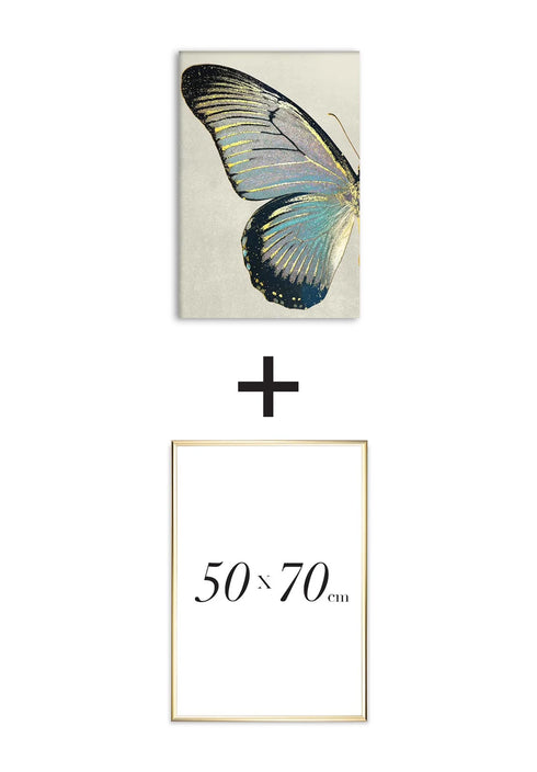 Poster Turquoise Butterfly Left Real Gold + Gold Metallic Frame 50x70cm