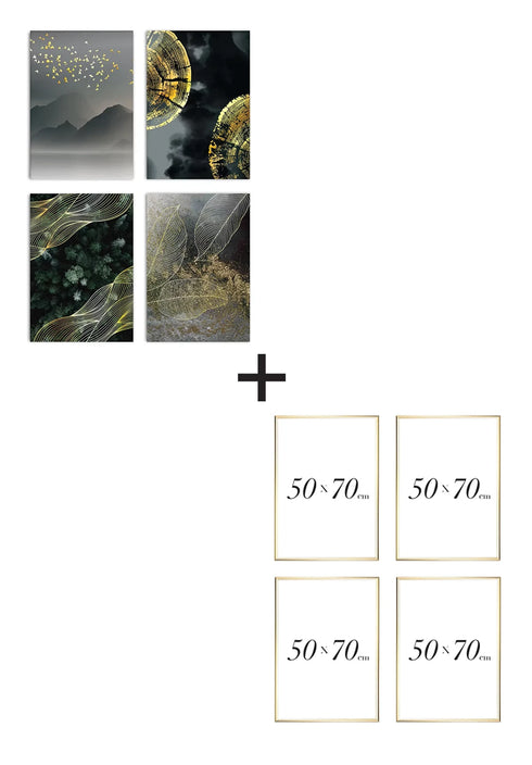 Set Of 4 Posters Golden Woods Real Gold + 4 Gold Metallic Frames 50x70cm