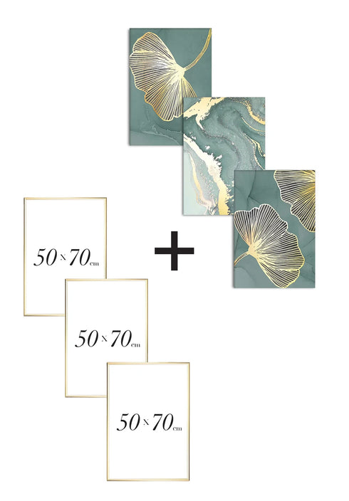 Set Of 3 Posters Mint Ginko Real Gold + 3 Gold Metallic Frames 50x70cm