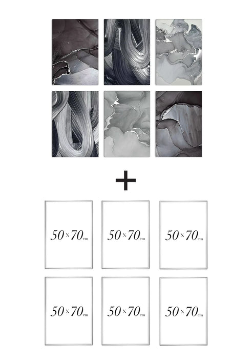 Set Of 6 Posters Brush Stroke Real Silver + 6 Silver Metallic Frames 50x70cm