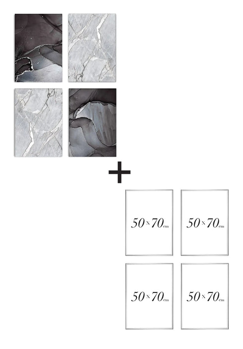 Set Of 4 Posters Brush Stroke Real Silver + 4 Metallic Silver Frames 50x70cm